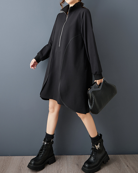 ellazhu Women's Dress Casual Black Long Sleeve Oversize Zip UP Side Pocket Mock Neck Solid GZ619  Black