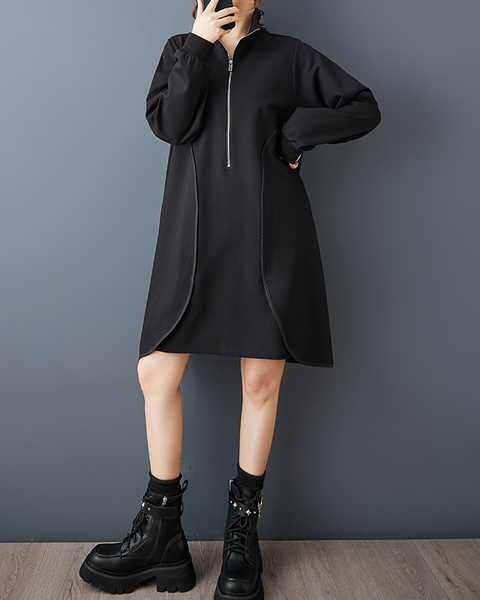 ellazhu Women's Dress Casual Black Long Sleeve Oversize Zip UP Side Pocket Mock Neck Solid GZ619  Black