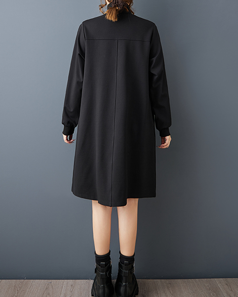 ellazhu Women's Dress Casual Black Long Sleeve Oversize Zip UP Side Pocket Mock Neck Solid GZ619  Black