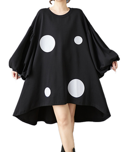 ellazhu Women's Dress Casual Crewneck Black Long Batwing Sleeve Polka Dot Printed Oversize Irregular Hem GZ620 Black