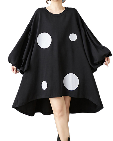 ellazhu Women's Dress Casual Crewneck Black Long Batwing Sleeve Polka Dot Printed Oversize Irregular Hem GZ620 Black