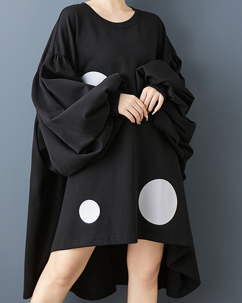 ellazhu Women's Dress Casual Crewneck Black Long Batwing Sleeve Polka Dot Printed Oversize Irregular Hem GZ620 Black
