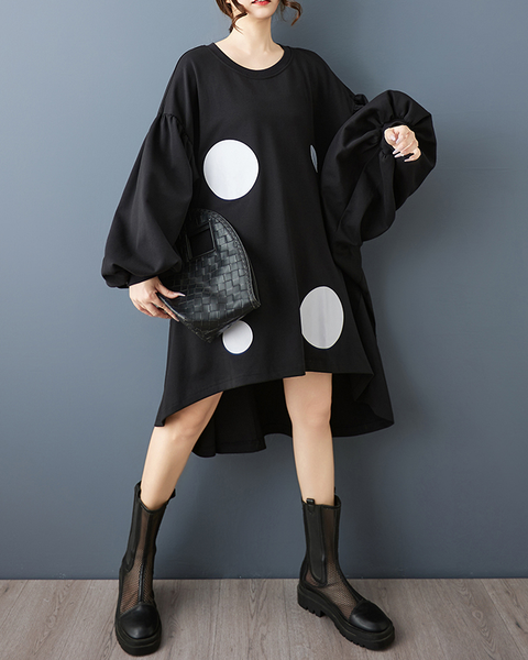 ellazhu Women's Dress Casual Crewneck Black Long Batwing Sleeve Polka Dot Printed Oversize Irregular Hem GZ620 Black