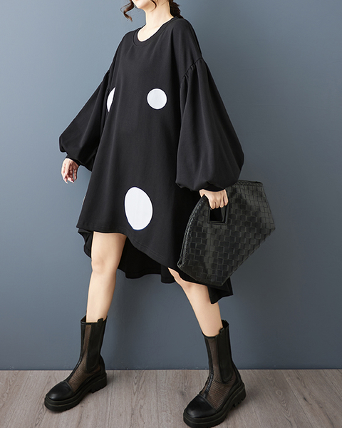 ellazhu Women's Dress Casual Crewneck Black Long Batwing Sleeve Polka Dot Printed Oversize Irregular Hem GZ620 Black