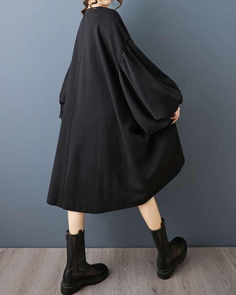 ellazhu Women's Dress Casual Crewneck Black Long Batwing Sleeve Polka Dot Printed Oversize Irregular Hem GZ620 Black