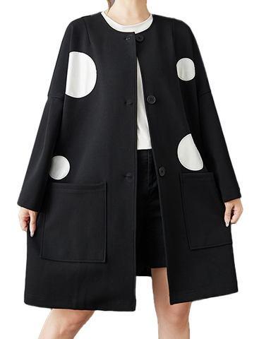 ellazhu Women's DressCasual Crewneck Black Long Batwing Sleeve Polka Dot Printed Oversize Flowy Hem GZ621 Black