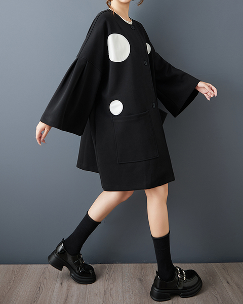 ellazhu Women's DressCasual Crewneck Black Long Batwing Sleeve Polka Dot Printed Oversize Flowy Hem GZ621 Black