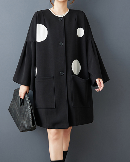 ellazhu Women's DressCasual Crewneck Black Long Batwing Sleeve Polka Dot Printed Oversize Flowy Hem GZ621 Black