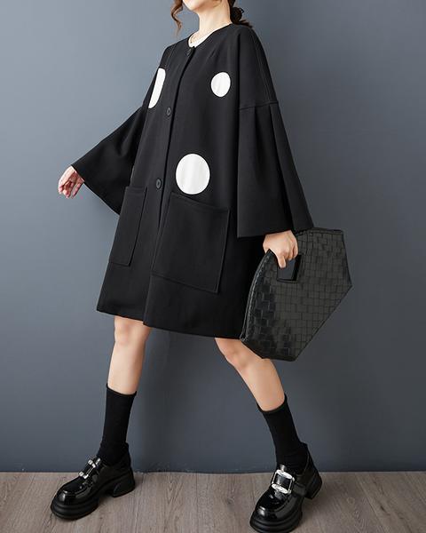 ellazhu Women's DressCasual Crewneck Black Long Batwing Sleeve Polka Dot Printed Oversize Flowy Hem GZ621 Black