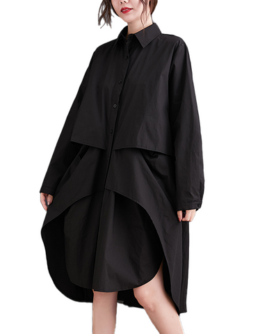 ellazhu Women's T-Shirt Dress Casual Lapel Long Sleeve Oversize Irregular Hem Button Down Solid GZ622 Black