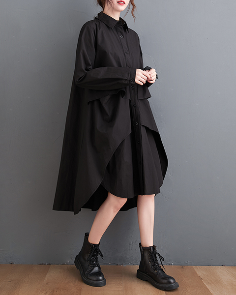 ellazhu Women's T-Shirt Dress Casual Lapel Long Sleeve Oversize Irregular Hem Button Down Solid GZ622 Black