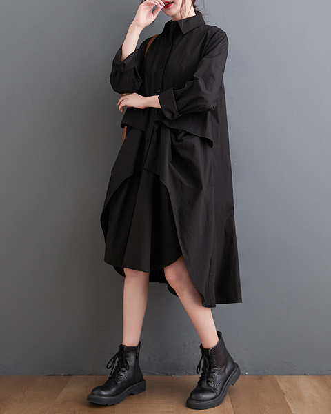 ellazhu Women's T-Shirt Dress Casual Lapel Long Sleeve Oversize Irregular Hem Button Down Solid GZ622 Black