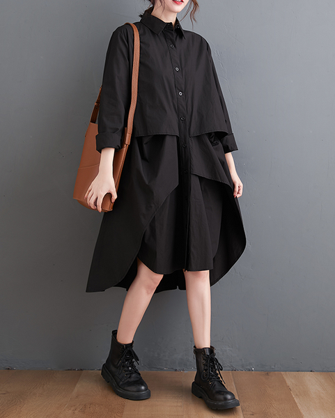 ellazhu Women's T-Shirt Dress Casual Lapel Long Sleeve Oversize Irregular Hem Button Down Solid GZ622 Black