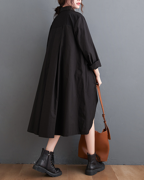 ellazhu Women's T-Shirt Dress Casual Lapel Long Sleeve Oversize Irregular Hem Button Down Solid GZ622 Black