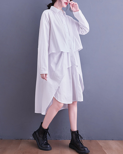 ellazhu Women's T-Shirt Dress Casual Lapel Long Sleeve Oversize Irregular Hem Button Down Solid GZ622 Black