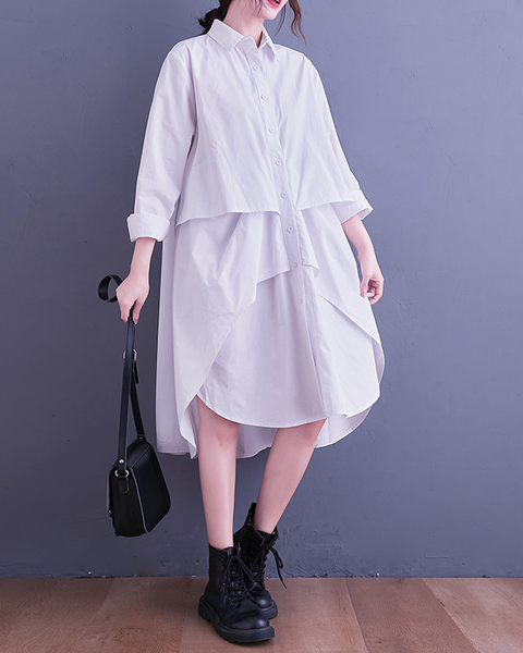 ellazhu Women's T-Shirt Dress Casual Lapel Long Sleeve Oversize Irregular Hem Button Down Solid GZ622 Black
