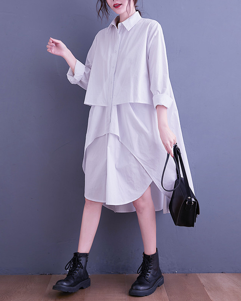 ellazhu Women's T-Shirt Dress Casual Lapel Long Sleeve Oversize Irregular Hem Button Down Solid GZ622 Black