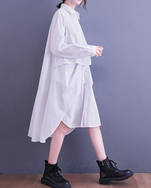 ellazhu Women's T-Shirt Dress Casual Lapel Long Sleeve Oversize Irregular Hem Button Down Solid GZ622 Black