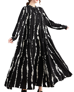 ellazhu Women's Dress Casual Mock Neck Long Sleeve Oversize Button Down Printed Long Maxi Hem Side Pockets GZ623 A Black