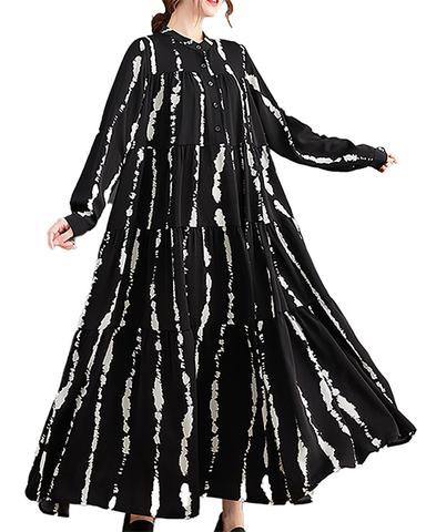 ellazhu Women's Dress Casual Mock Neck Long Sleeve Oversize Button Down Printed Long Maxi Hem Side Pockets GZ623 A Black