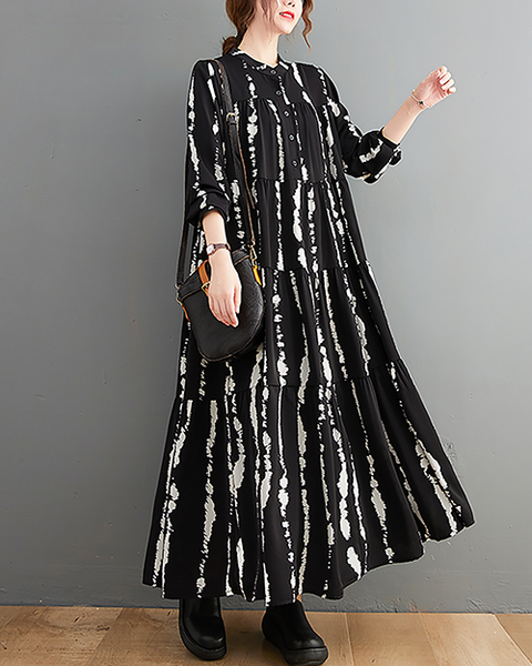 ellazhu Women's Dress Casual Mock Neck Long Sleeve Oversize Button Down Printed Long Maxi Hem Side Pockets GZ623 A Black