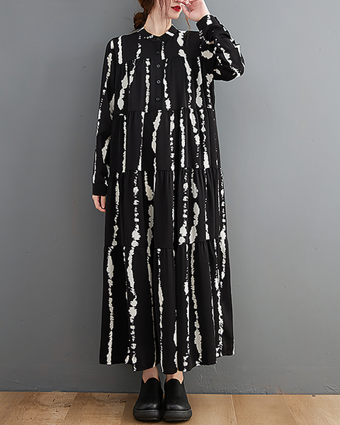 ellazhu Women's Dress Casual Mock Neck Long Sleeve Oversize Button Down Printed Long Maxi Hem Side Pockets GZ623 A Black