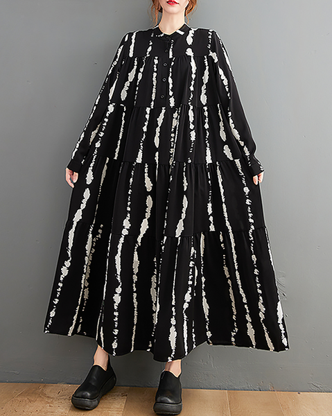 ellazhu Women's Dress Casual Mock Neck Long Sleeve Oversize Button Down Printed Long Maxi Hem Side Pockets GZ623 A Black