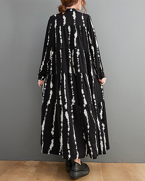 ellazhu Women's Dress Casual Mock Neck Long Sleeve Oversize Button Down Printed Long Maxi Hem Side Pockets GZ623 A Black
