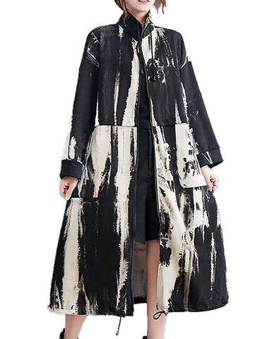 ellazhu Women's Coats Retro Trench Mock Neck Long Sleeve Oversize Zip up Printed Long Maxi Hem Side Pockets GZ624 Black