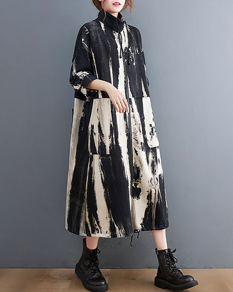 ellazhu Women's Coats Retro Trench Mock Neck Long Sleeve Oversize Zip up Printed Long Maxi Hem Side Pockets GZ624 Black