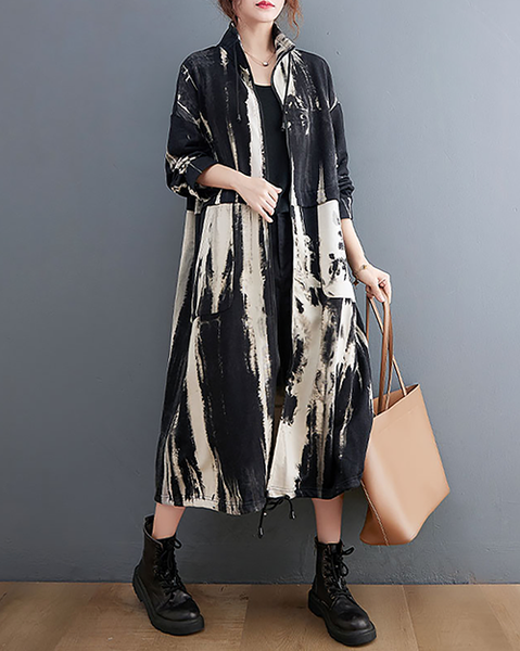 ellazhu Women's Coats Retro Trench Mock Neck Long Sleeve Oversize Zip up Printed Long Maxi Hem Side Pockets GZ624 Black