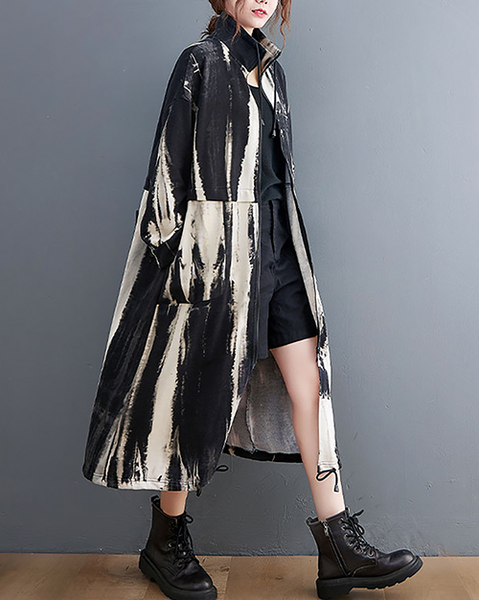ellazhu Women's Coats Retro Trench Mock Neck Long Sleeve Oversize Zip up Printed Long Maxi Hem Side Pockets GZ624 Black