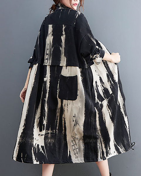 ellazhu Women's Coats Retro Trench Mock Neck Long Sleeve Oversize Zip up Printed Long Maxi Hem Side Pockets GZ624 Black