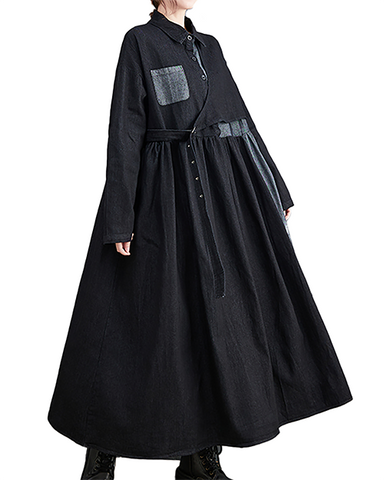 ellazhu Women's Dress Casual Lapel Long Sleeve Oversize Button Down Patchwork Long Maxi Hem Side Pockets GZ625 Black