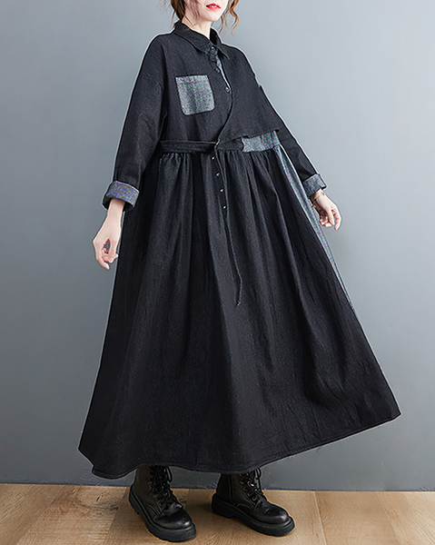 ellazhu Women's Dress Casual Lapel Long Sleeve Oversize Button Down Patchwork Long Maxi Hem Side Pockets GZ625 Black
