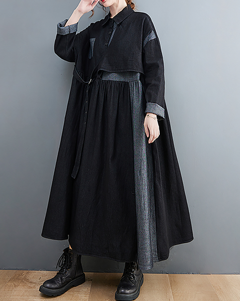 ellazhu Women's Dress Casual Lapel Long Sleeve Oversize Button Down Patchwork Long Maxi Hem Side Pockets GZ625 Black
