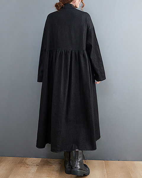 ellazhu Women's Dress Casual Lapel Long Sleeve Oversize Button Down Patchwork Long Maxi Hem Side Pockets GZ625 Black