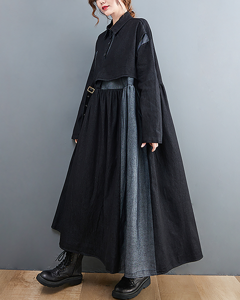 ellazhu Women's Dress Casual Lapel Long Sleeve Oversize Button Down Patchwork Long Maxi Hem Side Pockets GZ625 Black