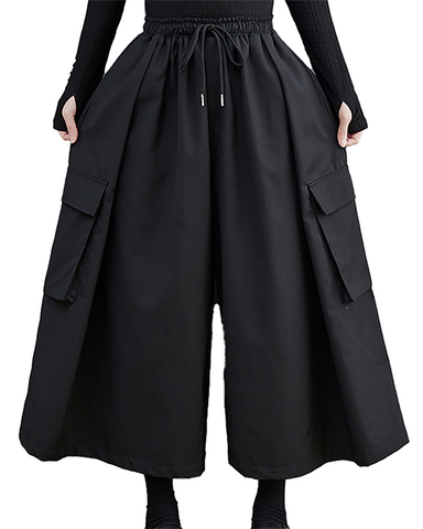 ellazhu Women's Pants Loose Causal Pocket Pants Elastic Waist Wide Leg Drawstring Black Solid GZ626 Black