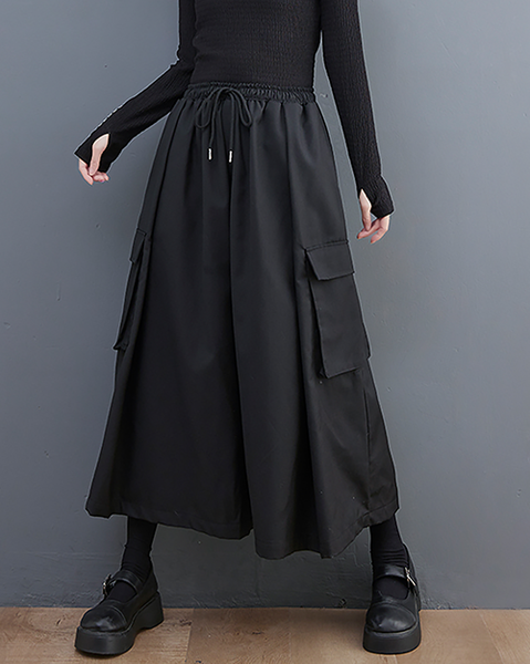 ellazhu Women's Pants Loose Causal Pocket Pants Elastic Waist Wide Leg Drawstring Black Solid GZ626 Black