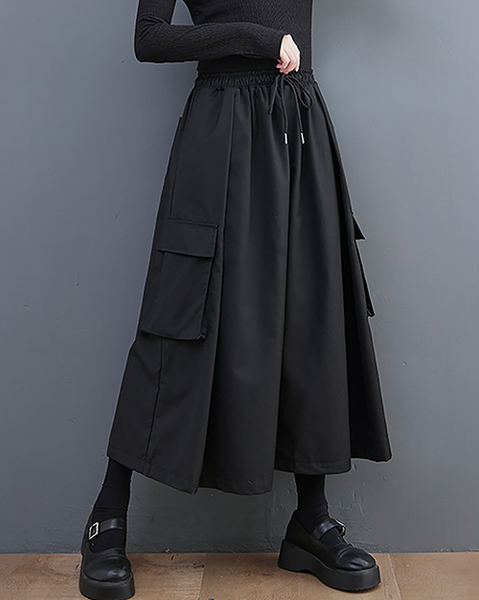 ellazhu Women's Pants Loose Causal Pocket Pants Elastic Waist Wide Leg Drawstring Black Solid GZ626 Black