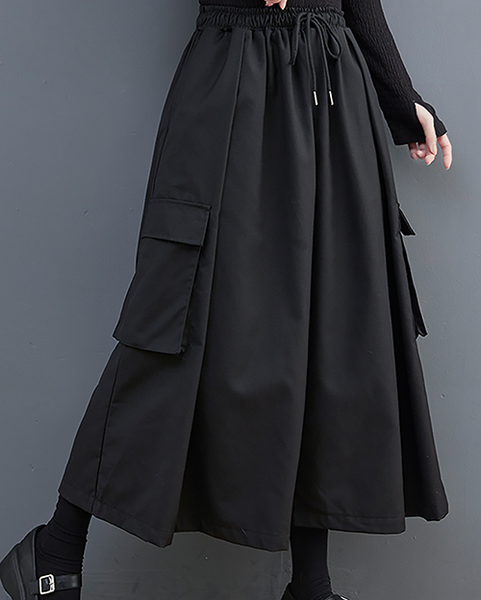 ellazhu Women's Pants Loose Causal Pocket Pants Elastic Waist Wide Leg Drawstring Black Solid GZ626 Black