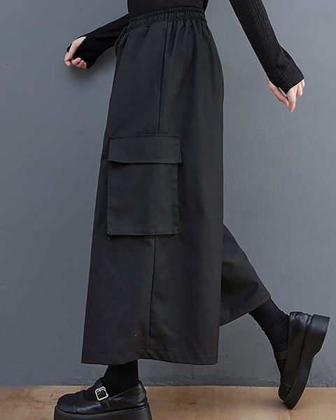 ellazhu Women's Pants Loose Causal Pocket Pants Elastic Waist Wide Leg Drawstring Black Solid GZ626 Black