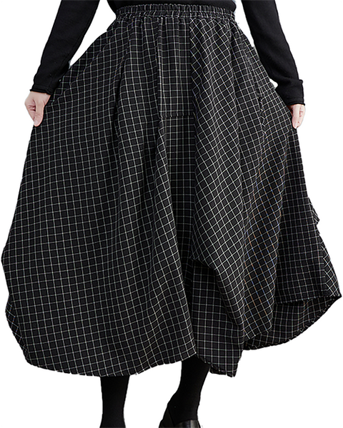 ellazhu Women's Skirt Loose Oversize Pleated Elastic Waist Casual Mid Length Plaid Side Pockets GZ627 Black