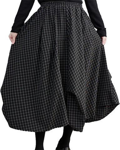 ellazhu Women's Skirt Loose Oversize Pleated Elastic Waist Casual Mid Length Plaid Side Pockets GZ627 Black