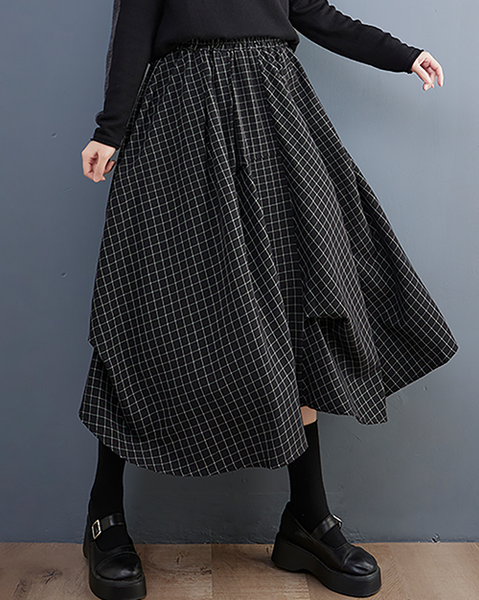 ellazhu Women's Skirt Loose Oversize Pleated Elastic Waist Casual Mid Length Plaid Side Pockets GZ627 Black