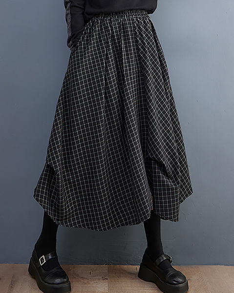 ellazhu Women's Skirt Loose Oversize Pleated Elastic Waist Casual Mid Length Plaid Side Pockets GZ627 Black