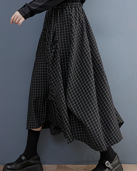 ellazhu Women's Skirt Loose Oversize Pleated Elastic Waist Casual Mid Length Plaid Side Pockets GZ627 Black