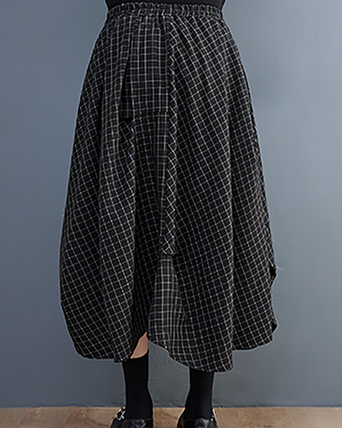 ellazhu Women's Skirt Loose Oversize Pleated Elastic Waist Casual Mid Length Plaid Side Pockets GZ627 Black