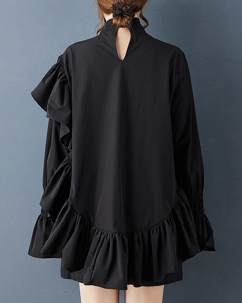 ellazhu Women's Dress Casual Mock Neck Long Sleeve Oversize Pullover Irregular Hem Black Solid GZ629 Black